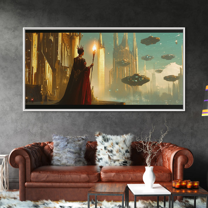 Cloaked Mage With Torch Canvas Print, Fantasy Wall Art, Futuristic Cityscape, Dark Academia Office Decor, Sci Fi Art, Gift For Him