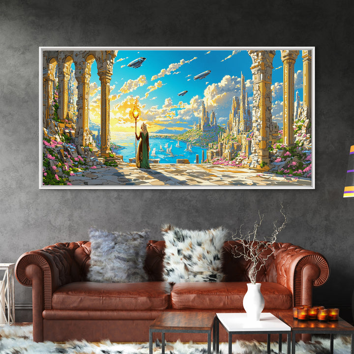 Ancient Ruins Over Ocean Canvas Print, Fantasy Wall Art, Coastal Sky Kingdom Landscape, Whimsical Living Room Decor And Office Art