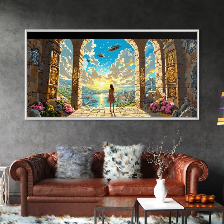 Girl At Golden Archway Canvas Print, Fantasy Wall Art, Magical City View, Whimsical Bedroom Decor And Nursery Wall Art Print