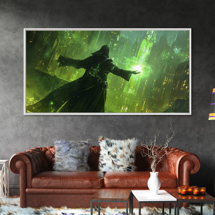Emerald Dark Sorcerer Canvas Print, Fantasy Wall Art, Green Sci Fi Cityscape, Gothic Office Decor And Gaming Room Art For Him