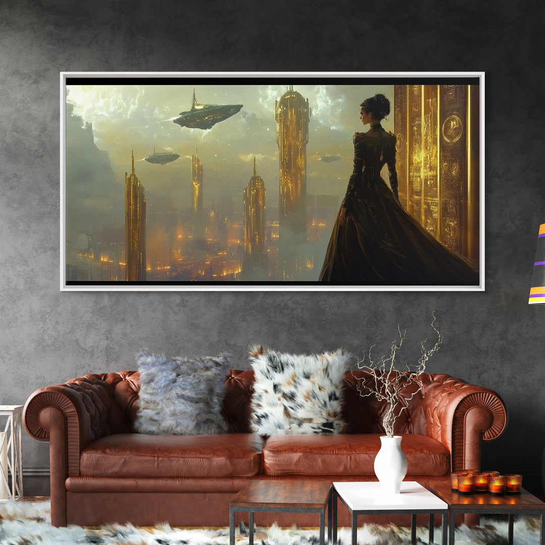 Elegant Woman Over Golden City Framed Canvas Print, Fantasy Wall Art, Futuristic Skyline Decor, Dark Feminine Office Art
