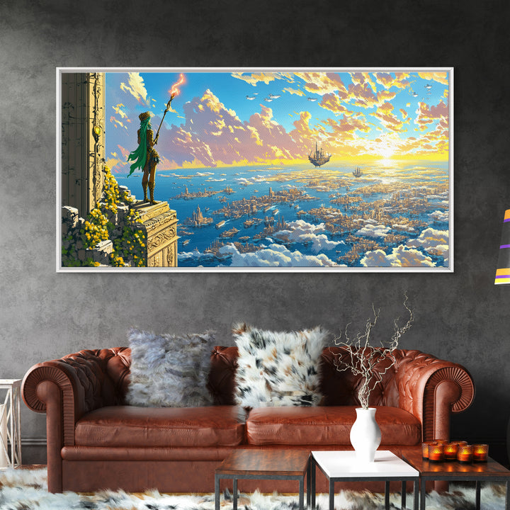Green Robed Mage Above Cloud City Canvas Print, Fantasy Wall Art, Ocean Sky Landscape, Magical Coastal Living Room Decor