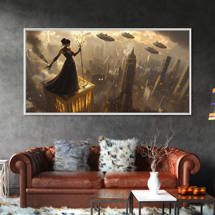 Dark Sorceress On Skyscraper Canvas Print, Fantasy Wall Art, Golden Dystopian City, Gothic Office Decor And Sci Fi Art For Him