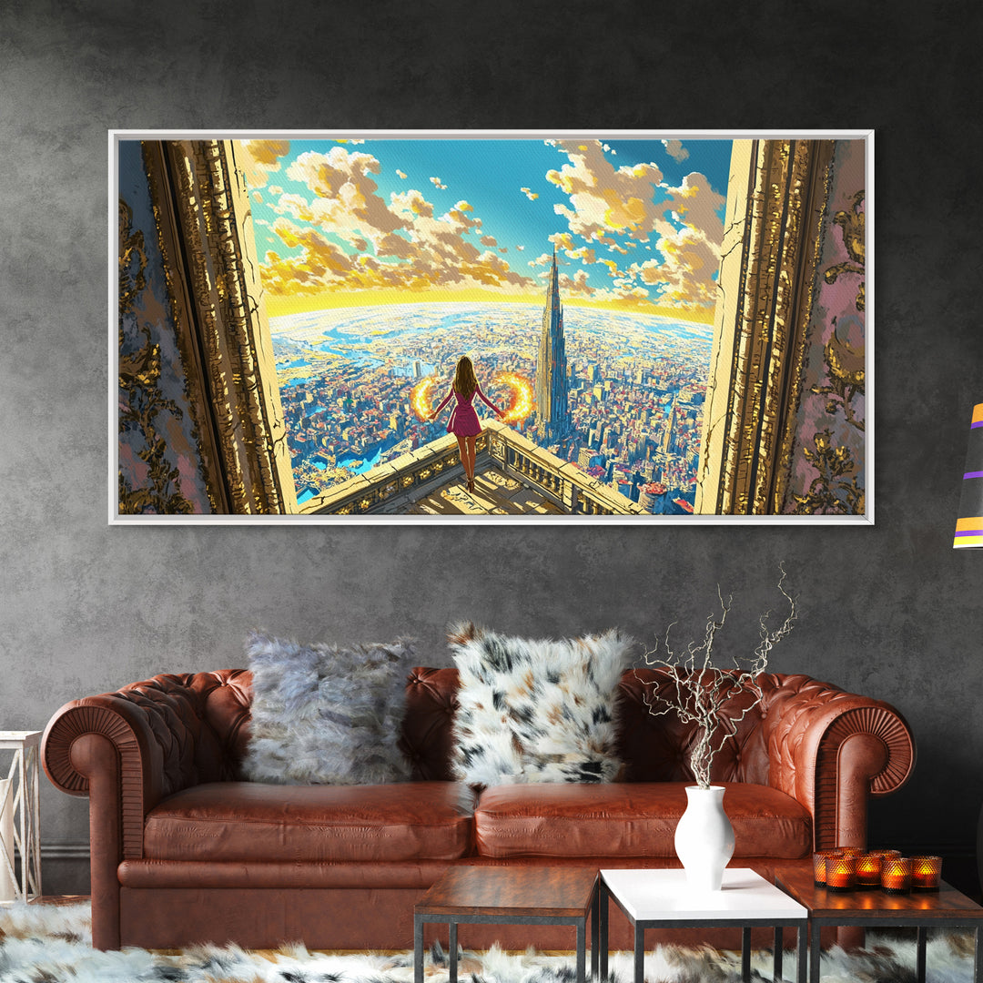 Girl With Fiery Wings Canvas Print, Fantasy Wall Art, Bright Futuristic Cityscape, Magical Bedroom Decor And Heroine Art