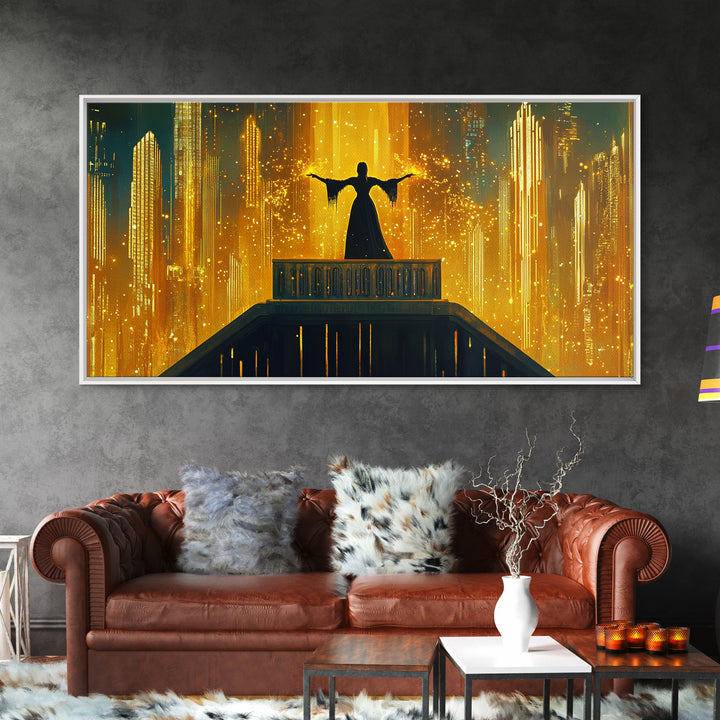 Golden Futuristic City Silhouette Canvas Print, Sci Fi Wall Art, Cyberpunk Skyline Decor, Neon Fantasy Living Room Art Poster