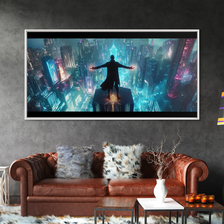 Neon Cyberpunk Skyline Framed Canvas Print, Futuristic City Wall Art, Sci Fi Gamer Room Decor And Dystopian Poster Prints