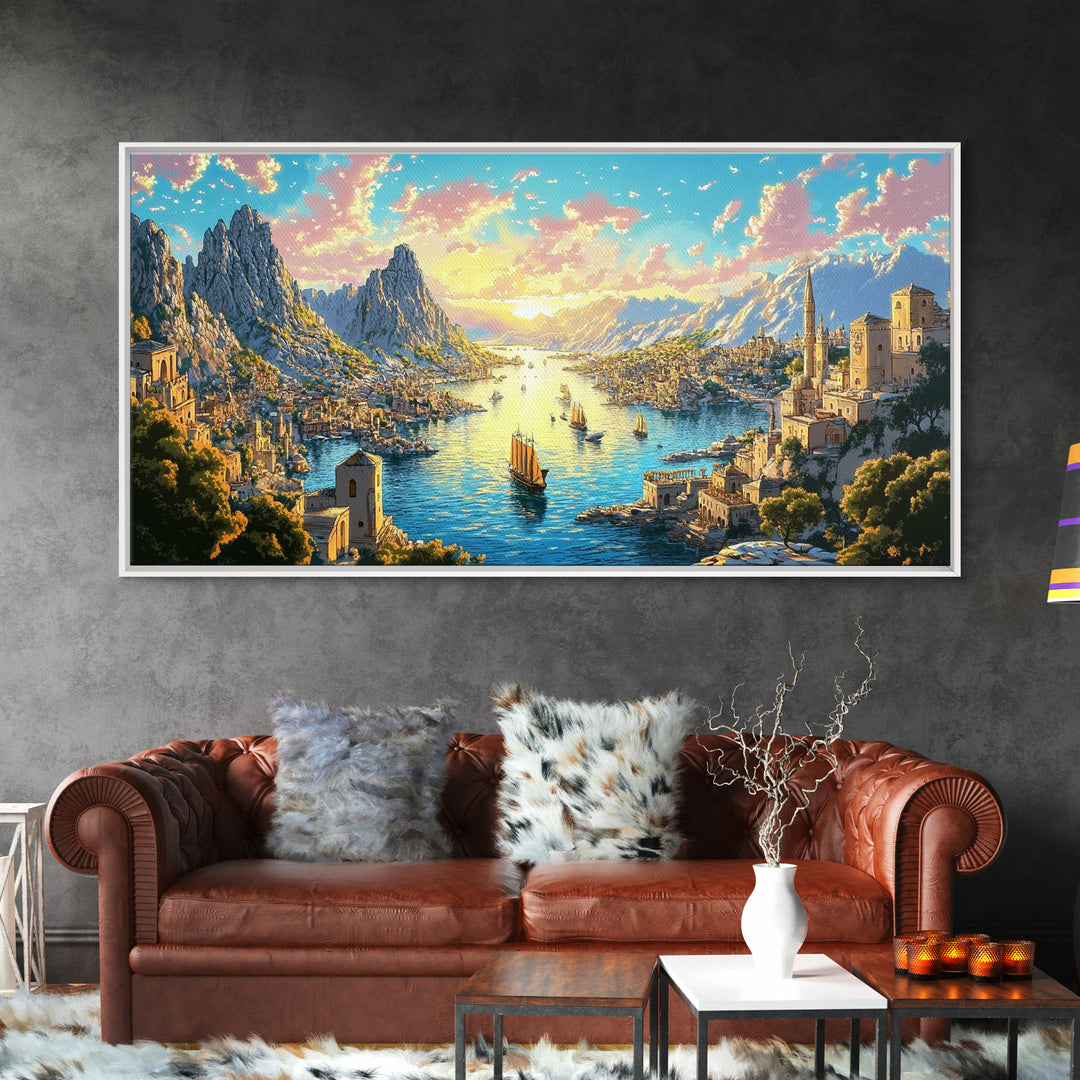 Mediterranean Mountain Harbor Canvas Print, Fantasy Seascape Wall Art, Coastal Village Decor For Living Room And Office Decor