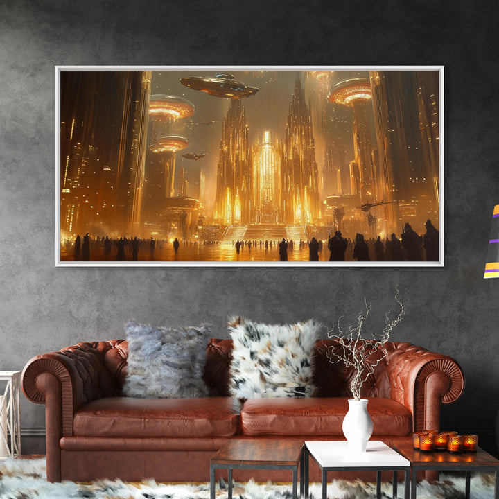Golden Alien Metropolis Canvas Print, Sci Fi Futuristic City Wall Art, Ufo Fantasy Skyline Decor For Gamer Room And Office