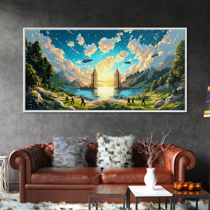 Fantasy Valley Portal Canvas Print, Epic Mountain Lake Wall Art, Adventure Landscape Decor For Kids Room And Gamer Room Poster