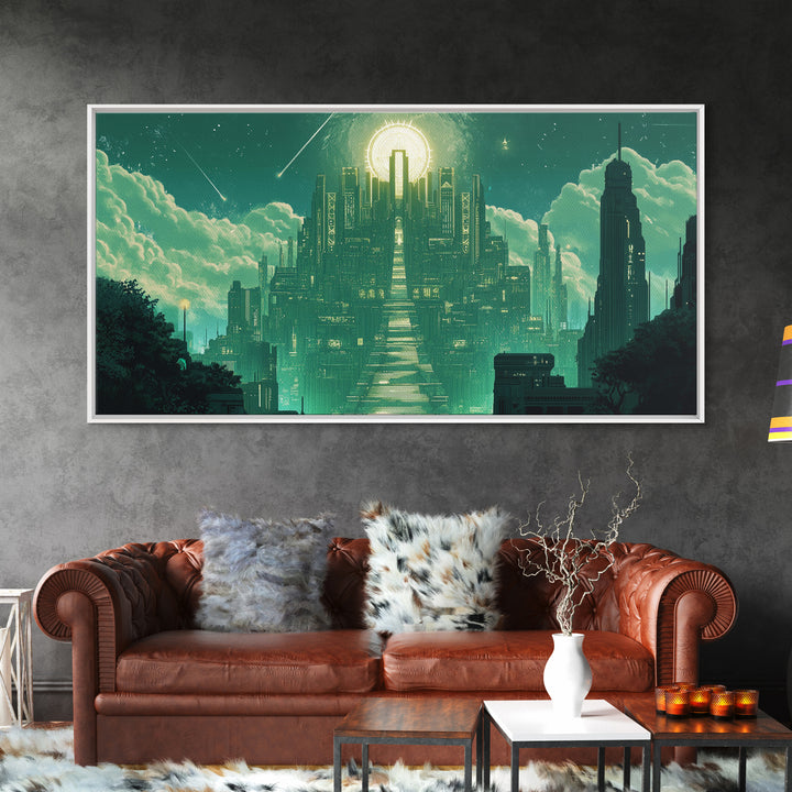 Emerald Celestial Temple Wall Art, Mystical Green City Canvas Print, Sci Fi Fantasy Decor For Meditation Room And Office