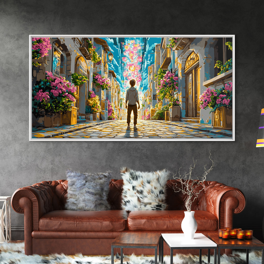 Vibrant Flowered Cobblestone Alley Wall Art, Fantasy Cityscape Canvas, Colorful Travel Poster, Living Room Wall Decor Print