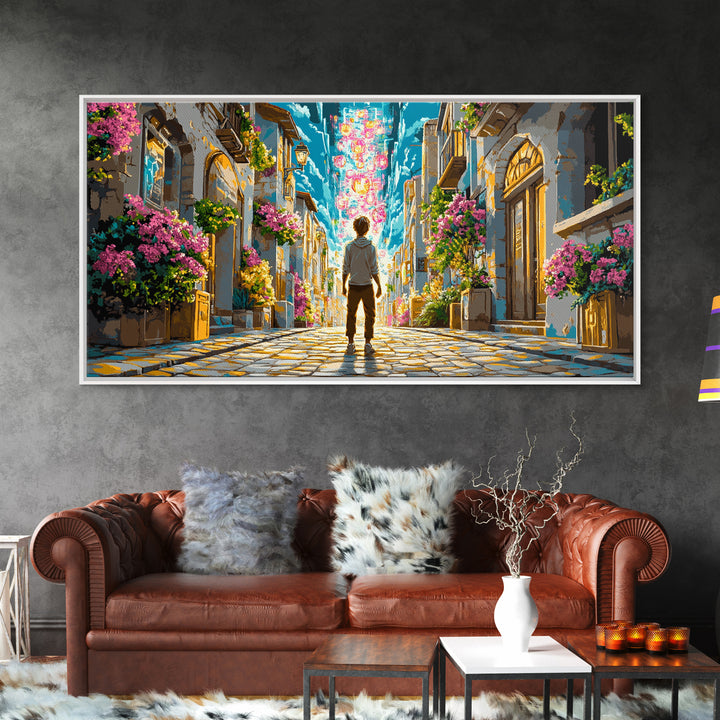 Vibrant Flowered Cobblestone Alley Wall Art, Fantasy Cityscape Canvas, Colorful Travel Poster, Living Room Wall Decor Print