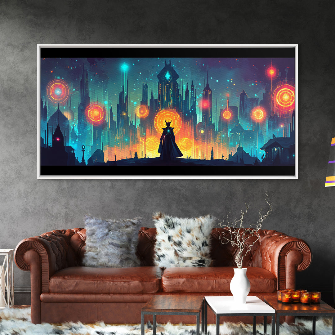 Cloaked Sorceress In Neon Skyline Wall Art, Cyberpunk Fantasy Canvas, Mystical Cityscape, Modern Sci Fi Gamer Room Decor Print