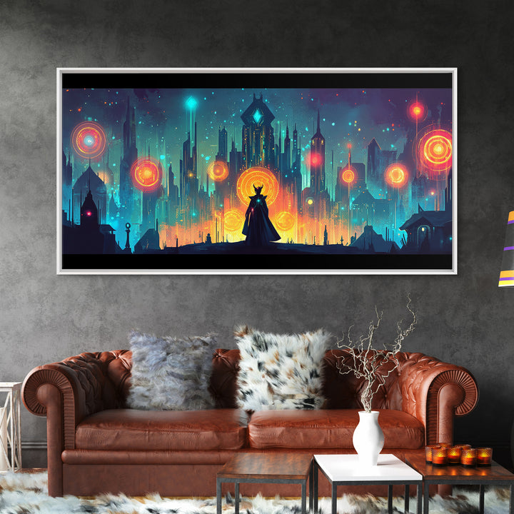 Cloaked Sorceress In Neon Skyline Wall Art, Cyberpunk Fantasy Canvas, Mystical Cityscape, Modern Sci Fi Gamer Room Decor Print