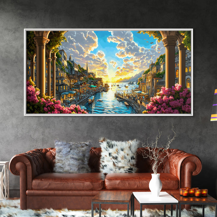Sunlit Coastal Canal Harbor Wall Art, Mediterranean Cityscape Canvas, Seaside Landscape Print, Elegant Living Room Decor