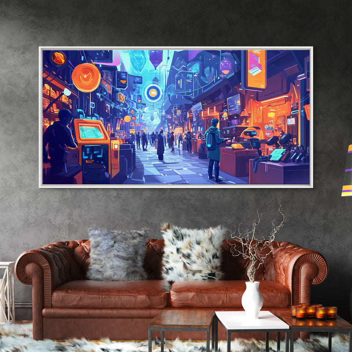 Neon Cyberpunk Market Arcade Wall Art, Futuristic City Canvas Print, Modern Gamer Room Decor, Sci Fi Urban Street Poster