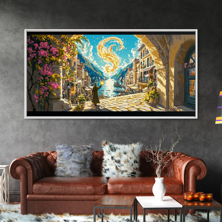 Golden Swirl Over Coastal Village Wall Art, Amalfi Inspired Canvas Print, Mediterranean Travel Poster, Magical Home Decor