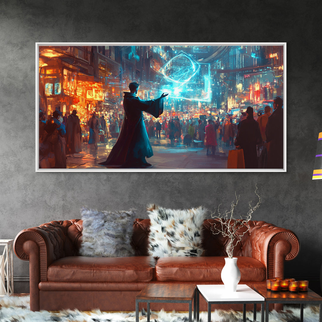 Wizard Casting Hologram In Neon City Wall Art, Cyberpunk Fantasy Canvas Print, Sci Fi Poster, Futuristic Modern Office Decor
