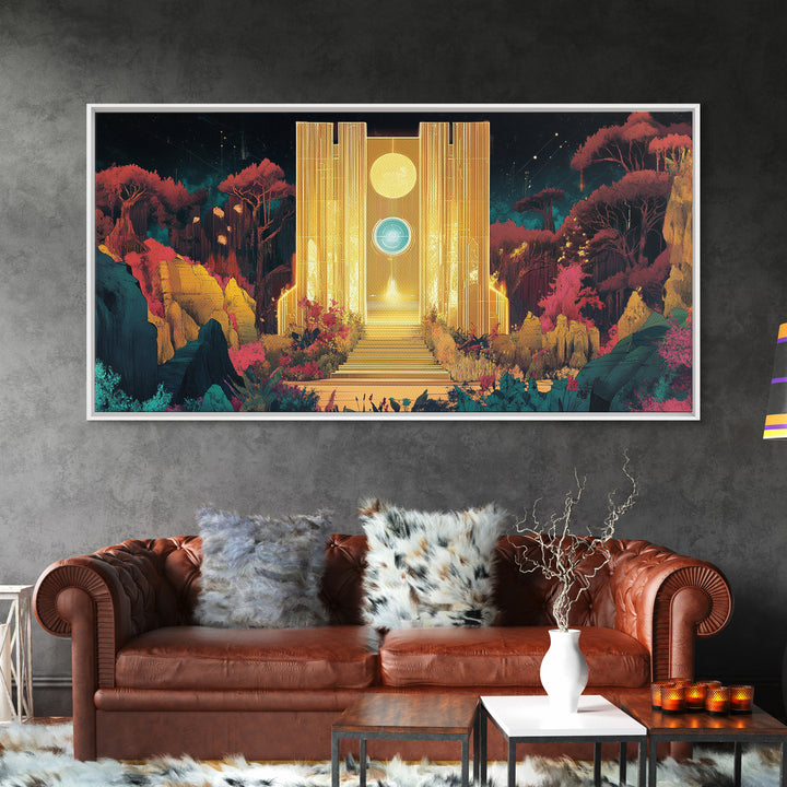 Golden Portal Temple In Alien Garden Wall Art, Celestial Fantasy Canvas Print, Mystical Landscape, Statement Art Home Decor