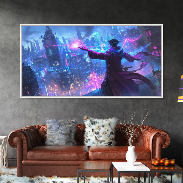 Mage Casting Neon Lightning Over City Wall Art, Cyberpunk Fantasy Canvas Print, Futuristic Skyline, Sci Fi Gamer Room Decor