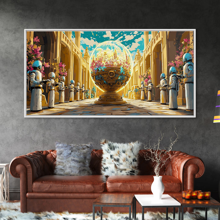 Golden Orb Palace With Futuristic Guards Wall Art, Sci Fi Fantasy Canvas Print, Maximalist Cityscape, Unique Art Home Decor