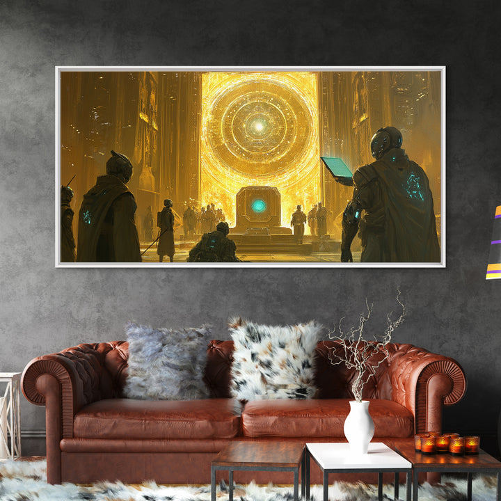 Radiant Cosmic Portal Hall With Astronauts Wall Art, Golden Sci Fi Canvas Print, Futuristic Temple, Celestial Statement Home Decor