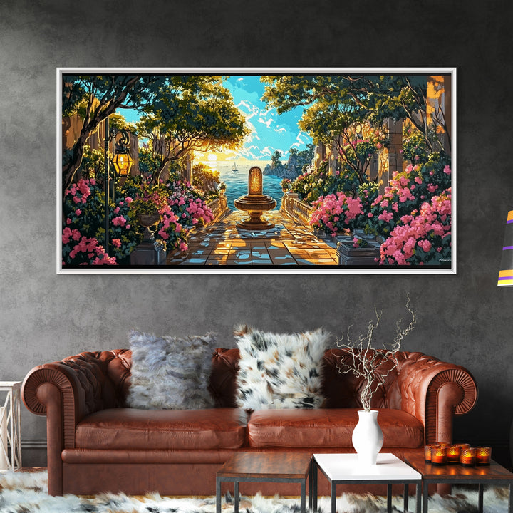 Sunlit Mediterranean Garden Fountain Canvas Print, Coastal Wall Art, Fantasy Landscape Art, Living Room Decor, Housewarming Gift