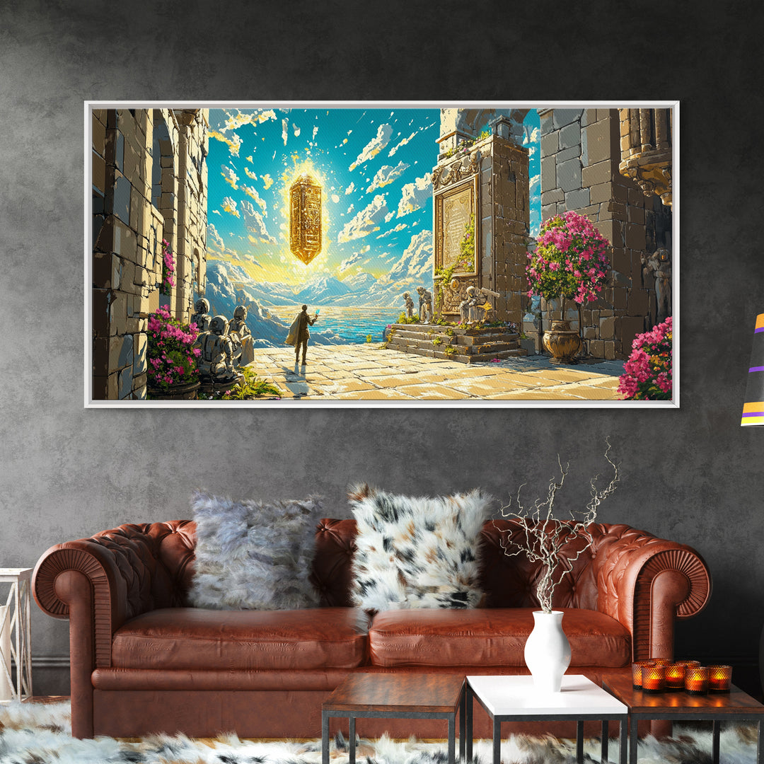 Ancient Seaside Temple Portal Framed Canvas Print, Fantasy Wall Art, Mountain Landscape Art, Living Room Decor, Unique Gift