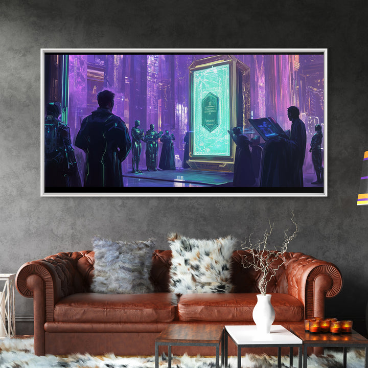 Purple Futuristic Monolith Ceremony Canvas Print, Cyberpunk Wall Art, Sci Fi Decor, Modern Office Art, Statement Artwork Gift