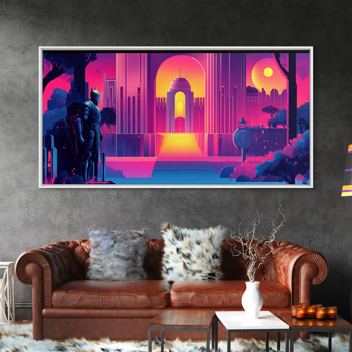 Neon Magenta Palace Guardian Canvas Print, Retro Futuristic Wall Art, Cyberpunk Decor, Gaming Room Art, Modern Gift For Him