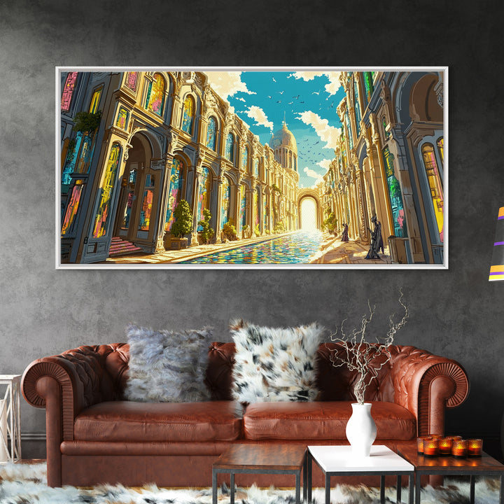 Ornate Sunlit Palace Canal Framed Canvas Print, European Wall Art, Fantasy Architecture Art, Living Room Decor, Large Wall Art