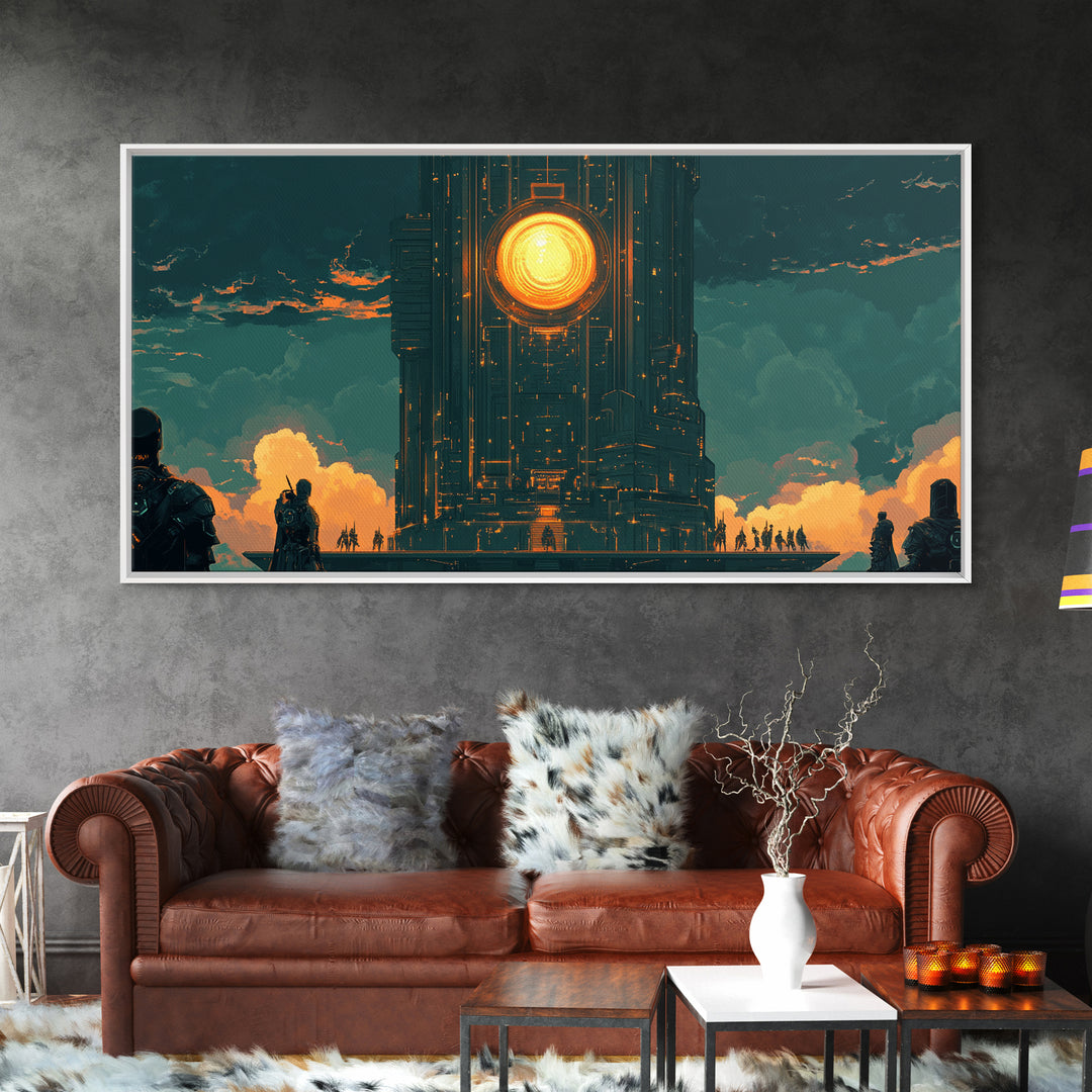 Dark Monolithic Sun Portal Framed Canvas Print, Sci Fi Wall Art, Futuristic Decor, Moody Office Art, Masculine Wall Decor