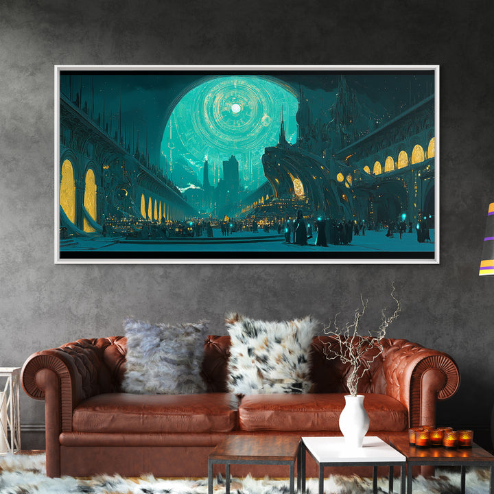 Teal Gothic Moonlit City Canvas Print, Sci Fi Wall Art, Celestial Decor, Futuristic Living Room Decor, Statement Artwork Gift