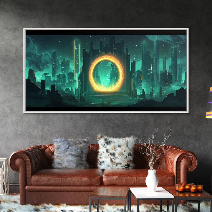 Emerald Futuristic City Ring Portal Canvas Print, Sci Fi Wall Art, Cyberpunk Decor, Modern Office Decor, Statement Gift For Him