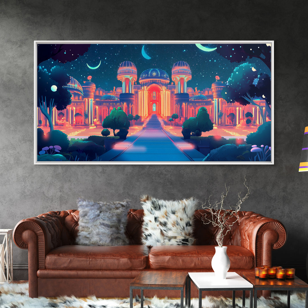 Neon Celestial Palace Under Crescent Moons Wall Art, Fantasy City Canvas Print, Maximalist Decor, Bedroom Wall Decor Gift