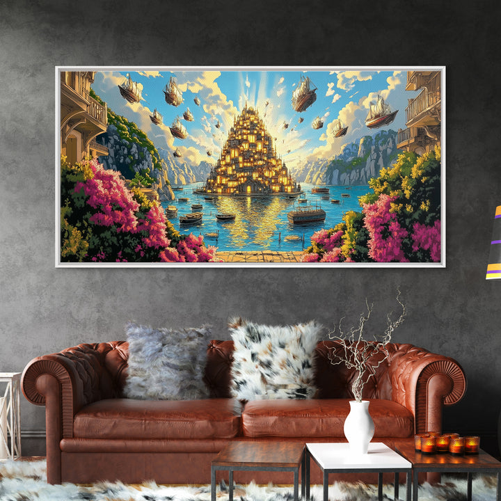 Golden Floating Island City Over Turquoise Sea Wall Art, Fantasy Landscape Canvas Print, Coastal Decor, Travel Poster Gift