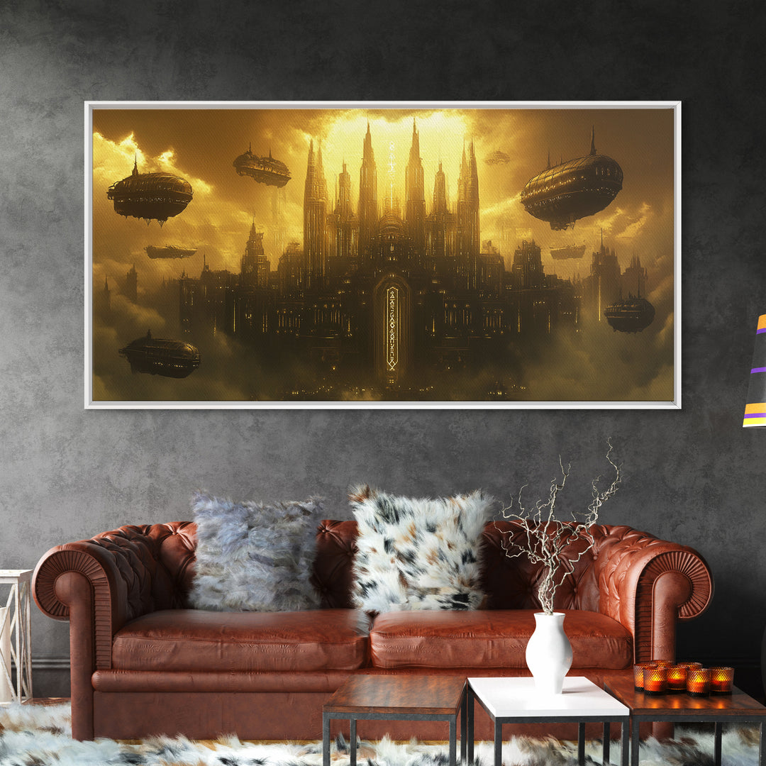 Dark Golden Sky Cathedral With Airships Wall Art, Gothic Fantasy Canvas Print, Moody Office Decor, Steampunk Home Decor Gift