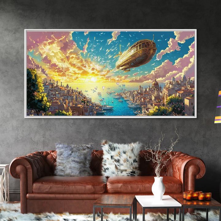 Sunset Harbor City With Golden Airship Wall Art, Mediterranean Canvas Print, Travel Poster, Coastal Living Room Decor Gift