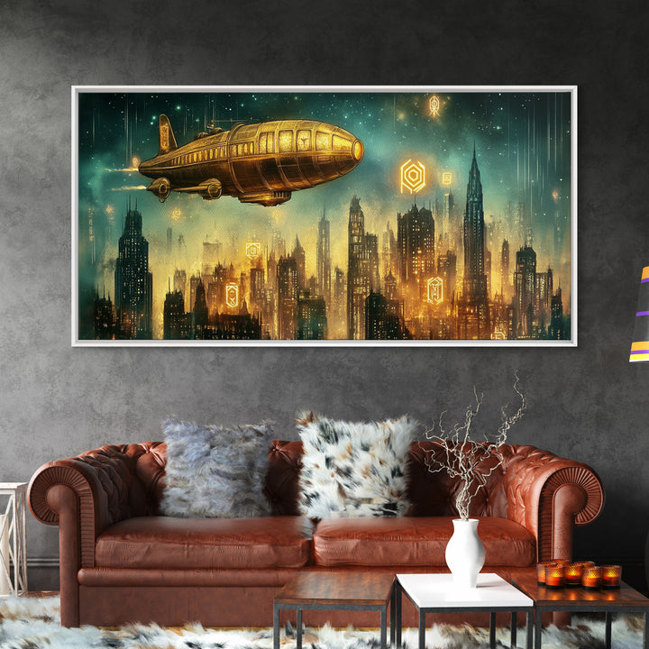 Golden Retro Airship Above Futuristic City Wall Art, Sci Fi Canvas Print, Cyberpunk Decor, Modern Office Wall Art Gift For Him