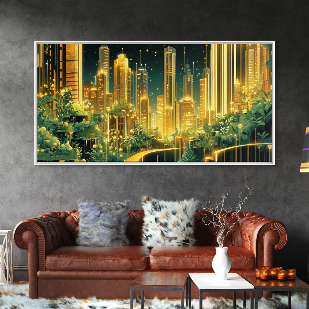 Luminous Garden Skyline In Golden Futuristic City Wall Art, Modern Canvas Print, Green Wall Decor, Home Office Decor Gift