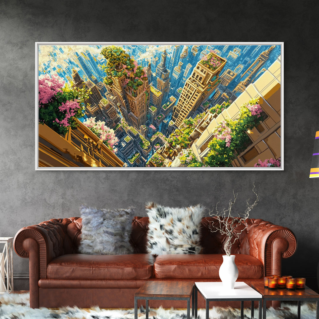 Aerial Skyscraper Gardens And Flowered Balconies Wall Art, Modern City Canvas Print, Urban Home Decor, Large Wall Art Gift