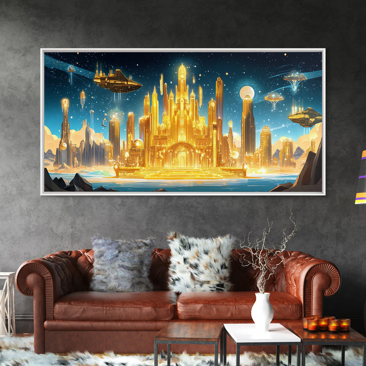 Radiant Golden Sci Fi Citadel Beneath Moonlit Sky Wall Art, Futuristic Canvas Print, Space Decor, Statement Wall Art Gift