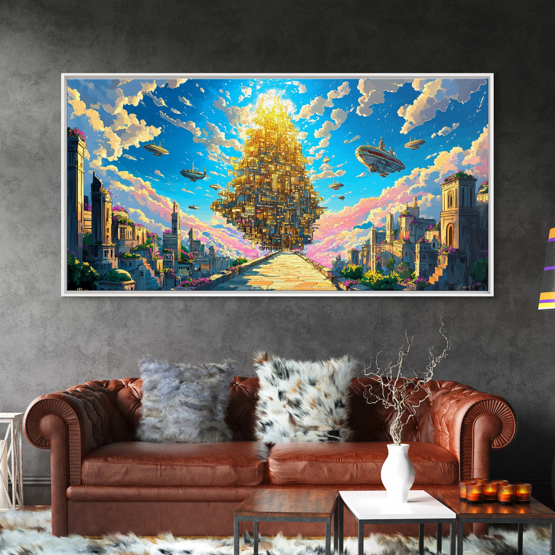 Floating Golden Pyramid City Above Ancient Ruins Wall Art, Fantasy Canvas Print, Surreal Landscape Art, Large Wall Decor