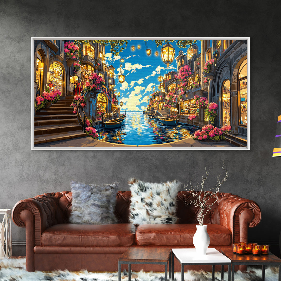 Flower Lined Canal Street With Lanterns Wall Art, Mediterranean Canvas Print, Coastal City Decor, Living Room Wall Art Gift