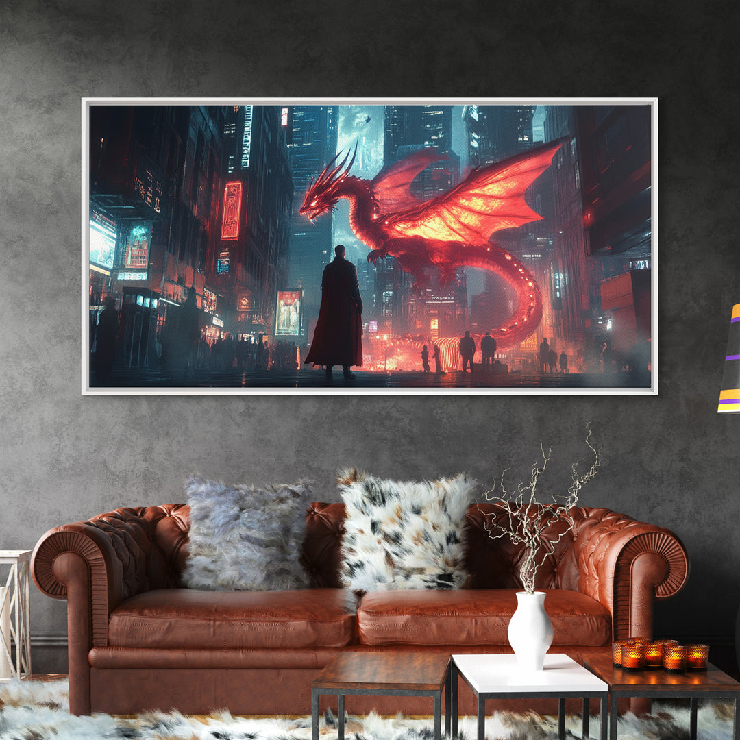 Neon Cyberpunk Dragon City Wall Art, Futuristic Sci Fi Fantasy Poster, Gaming Room Decor, Dystopian Urban Canvas Print Gift
