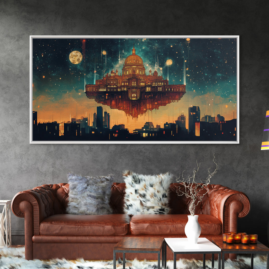 Floating Celestial Palace Wall Art, Starry Futuristic Cityscape, Surreal Architecture Framed Canvas Print, Office Decor Gift