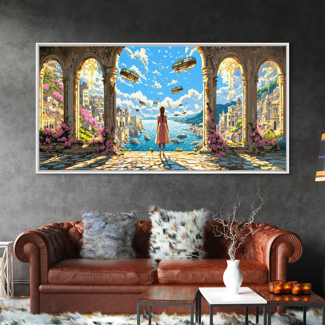 Arched Seaside Portal With Airships Framed Canvas Print, Fantasy Coastal Wall Art, Dreamy Travel Home Decor, Gift For Her