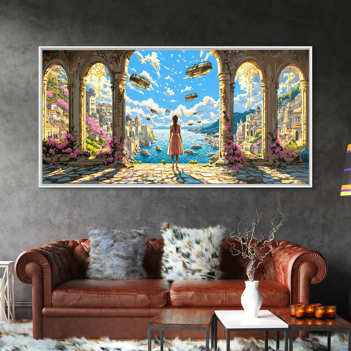 Arched Seaside Portal With Airships Framed Canvas Print, Fantasy Coastal Wall Art, Dreamy Travel Home Decor, Gift For Her