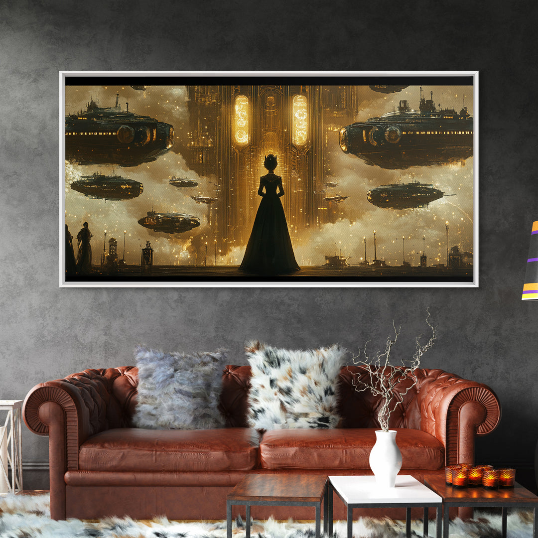 Elegant Woman And Golden Airships Wall Art, Steampunk Fantasy Framed Canvas Print, Dark Academia Decor, Sci Fi Gift For Him