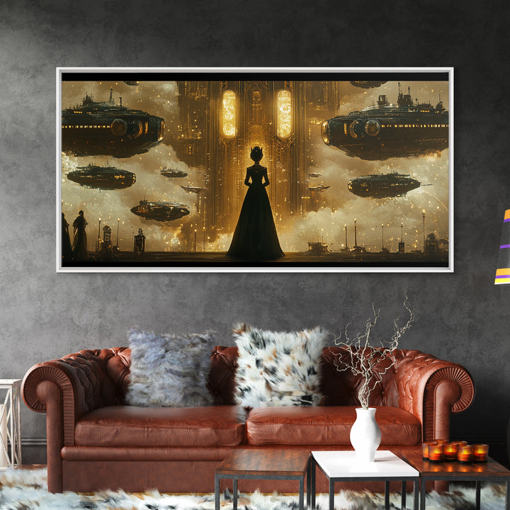 Elegant Woman And Golden Airships Wall Art, Steampunk Fantasy Framed Canvas Print, Dark Academia Decor, Sci Fi Gift For Him